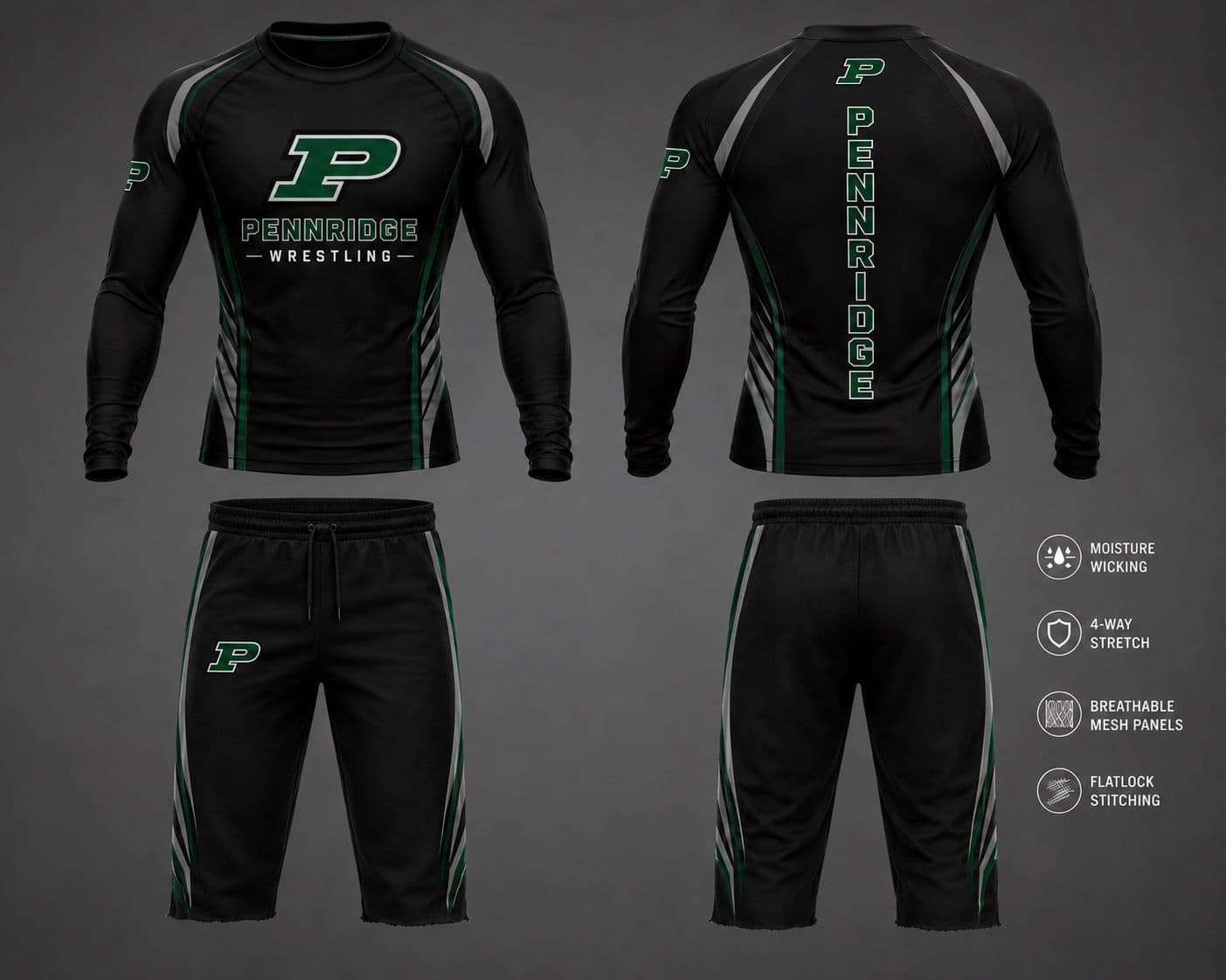 Pennridge Wrestling Long-Sleeve Rash Guard, front and back