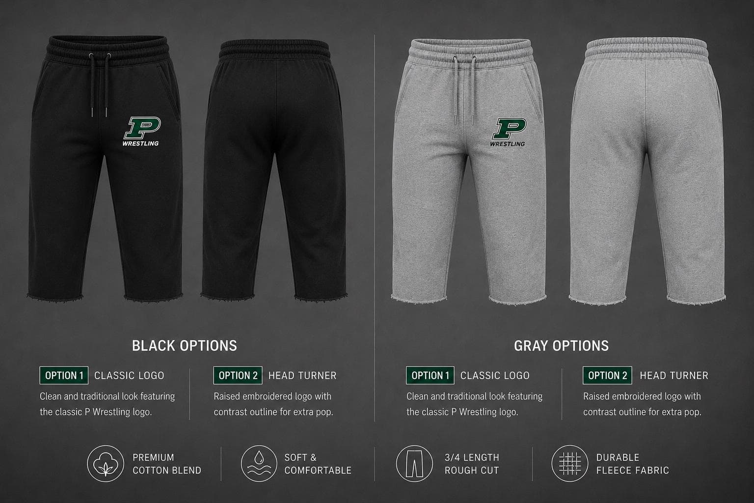 Pennridge Wrestling 3/4 Rough-Cut Sweatpants — Black, front and back